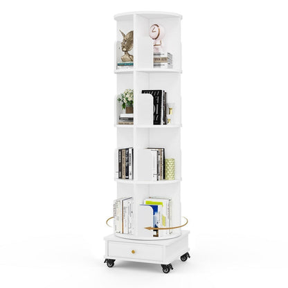Drehbares Bücherregal mit Schubladen, 4 Böden, Weiß