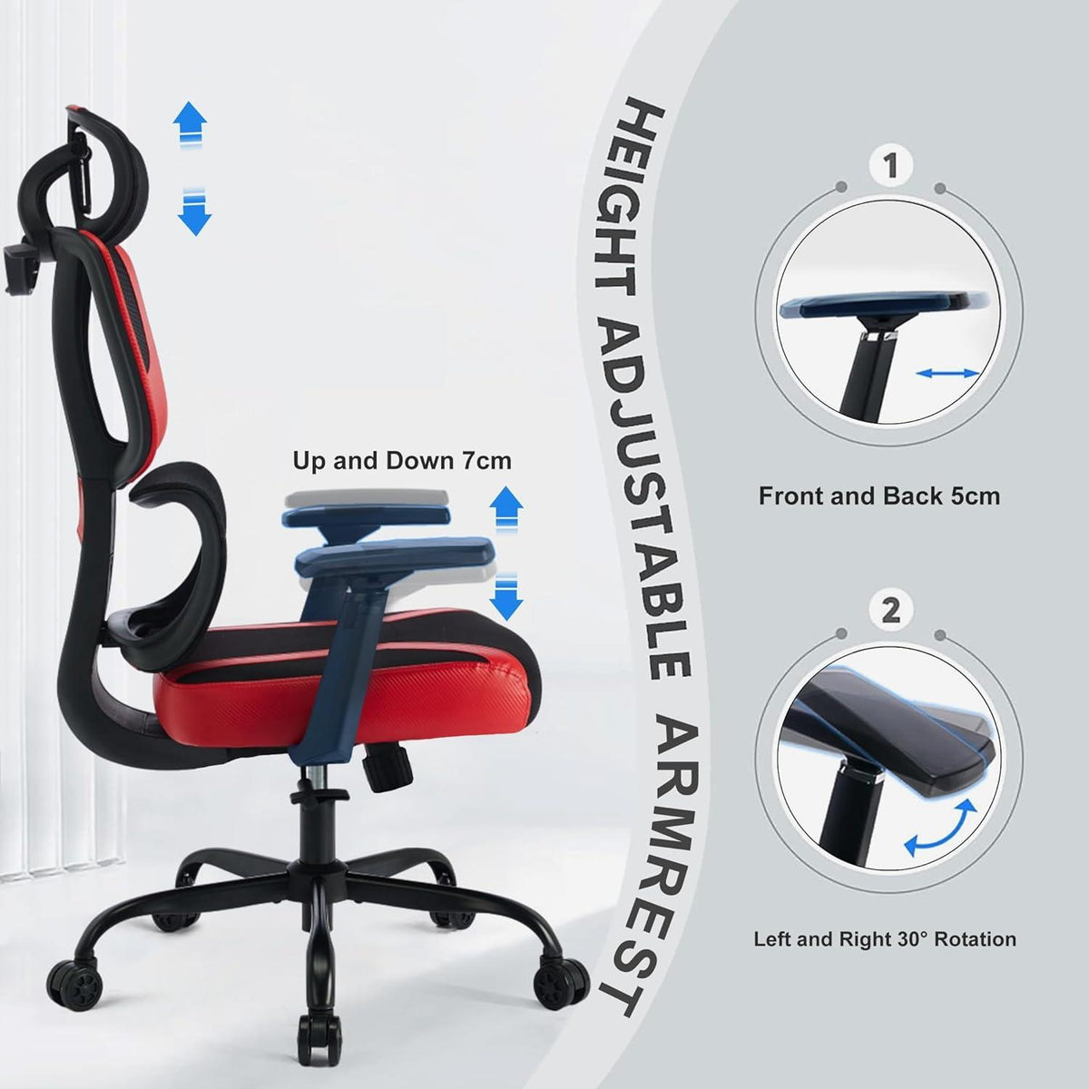 Ergonomischer Bürostuhl verstellbare Lendenwirbelstütze 3D-Armlehnen rot