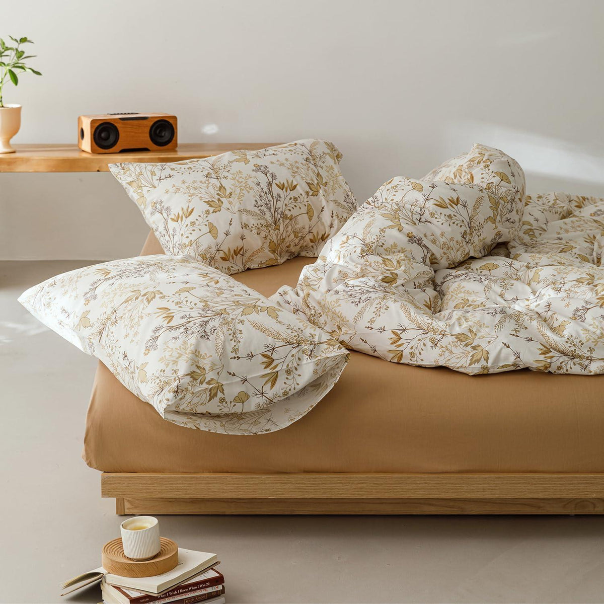 Bettwäsche-Set 220x240 cm Baumwolle Beige Ahornblatt Blumenmuster