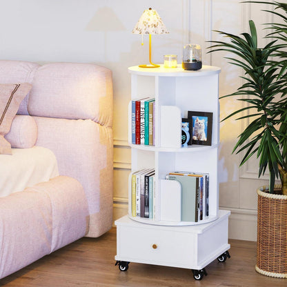 Drehbares Bücherregal mit Schubladen, 2 Böden, Weiß