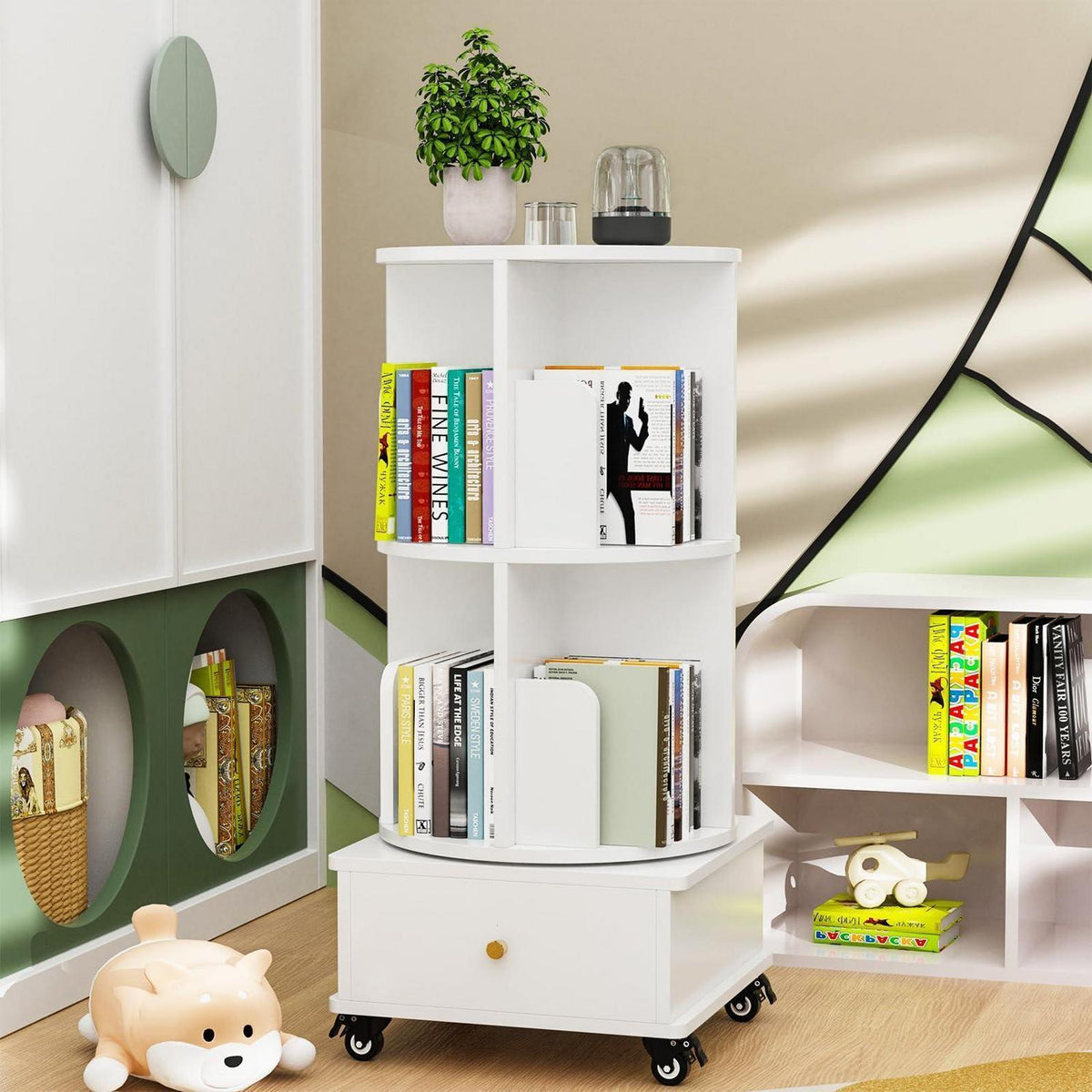 Drehbares Bücherregal mit Schubladen, 2 Böden, Weiß