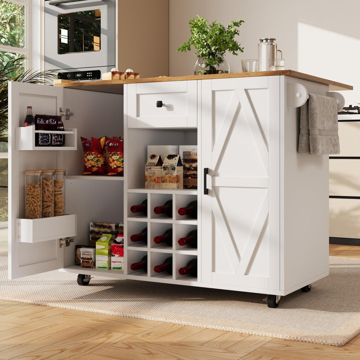 Klappbarer Küchenwagen mit Weinschrank & Schublade, Weiß