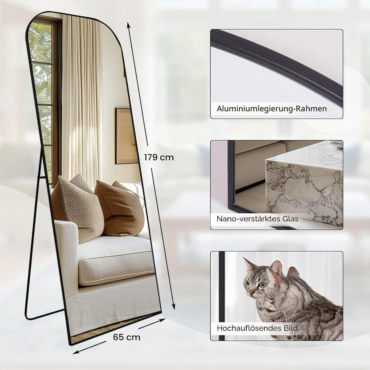 Gewölbter Standspiegel 179x65cm – Schwarz, Modern & Elegant