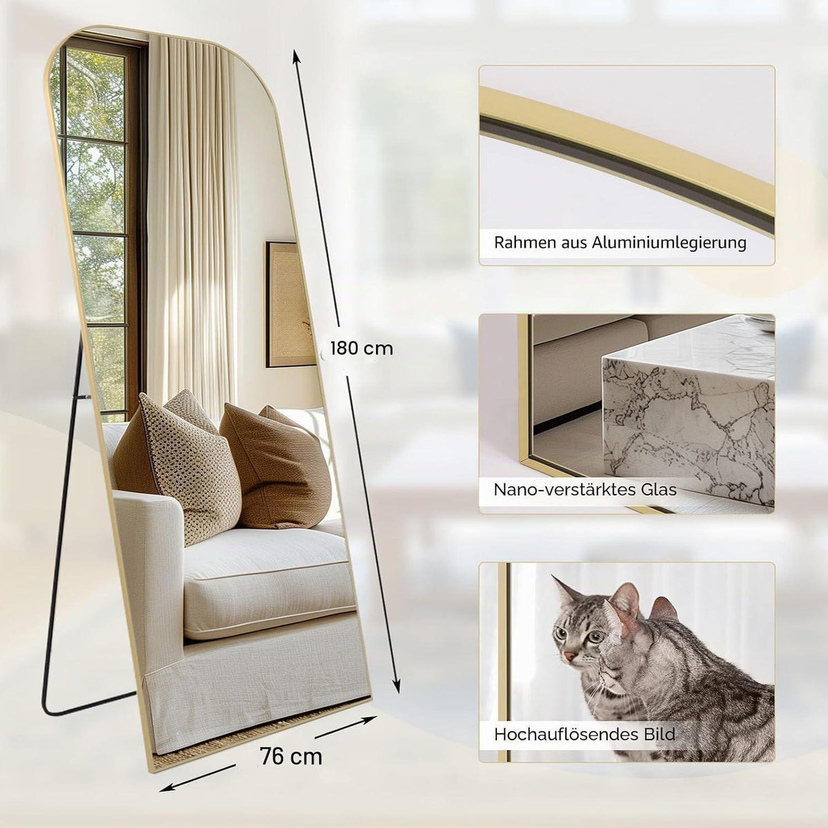 Gewölbter Standspiegel 180x76cm Gold – Ganzkörper Spiegel mit Rahmen