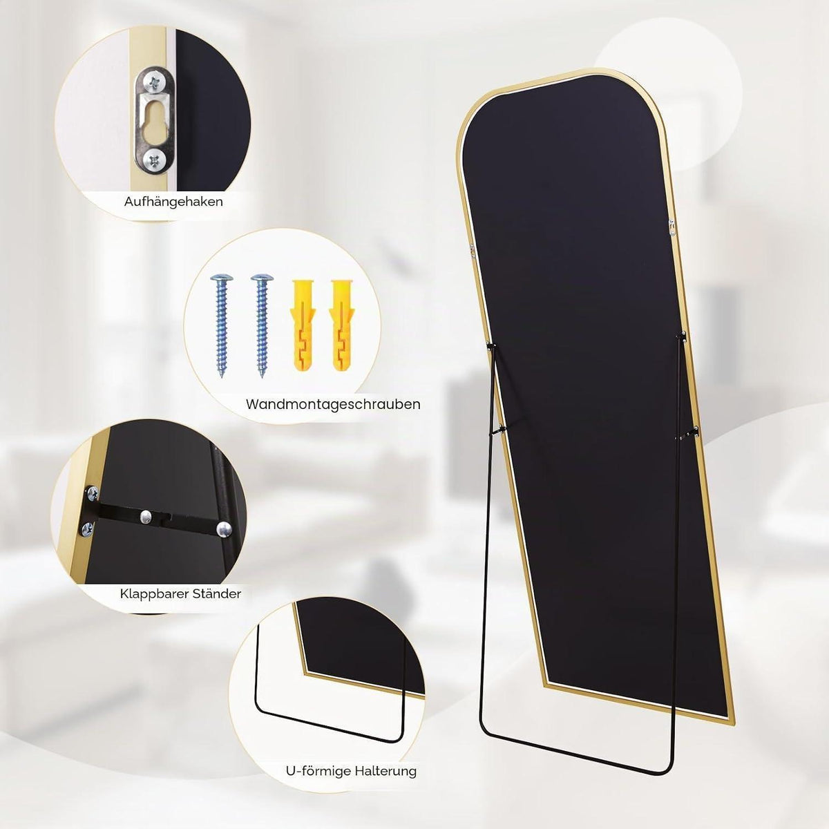 Gewölbter Standspiegel 180x76cm Gold – Ganzkörper Spiegel mit Rahmen