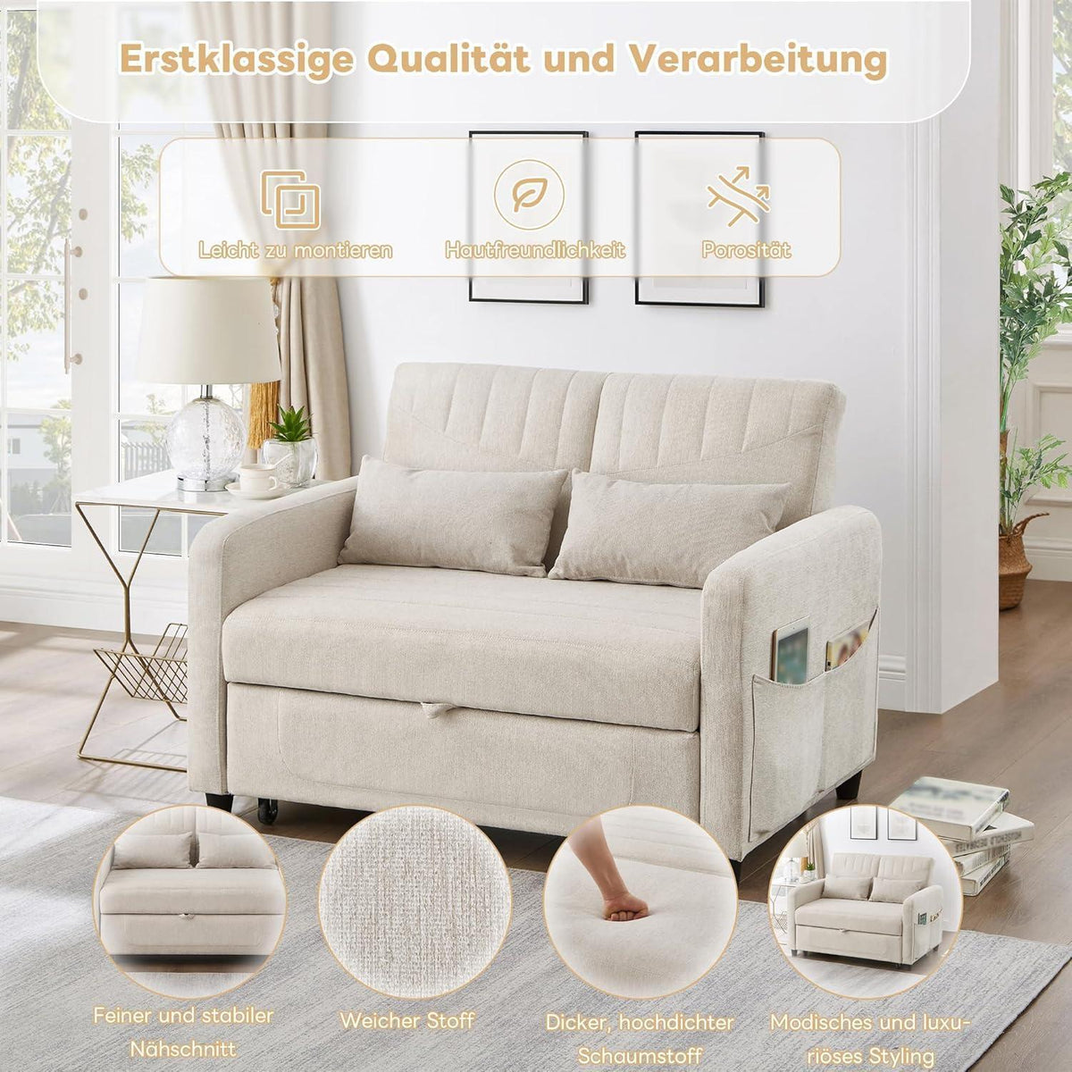 2-Sitzer Klappsofa mit Schlaffunktion & Kissen – Beige