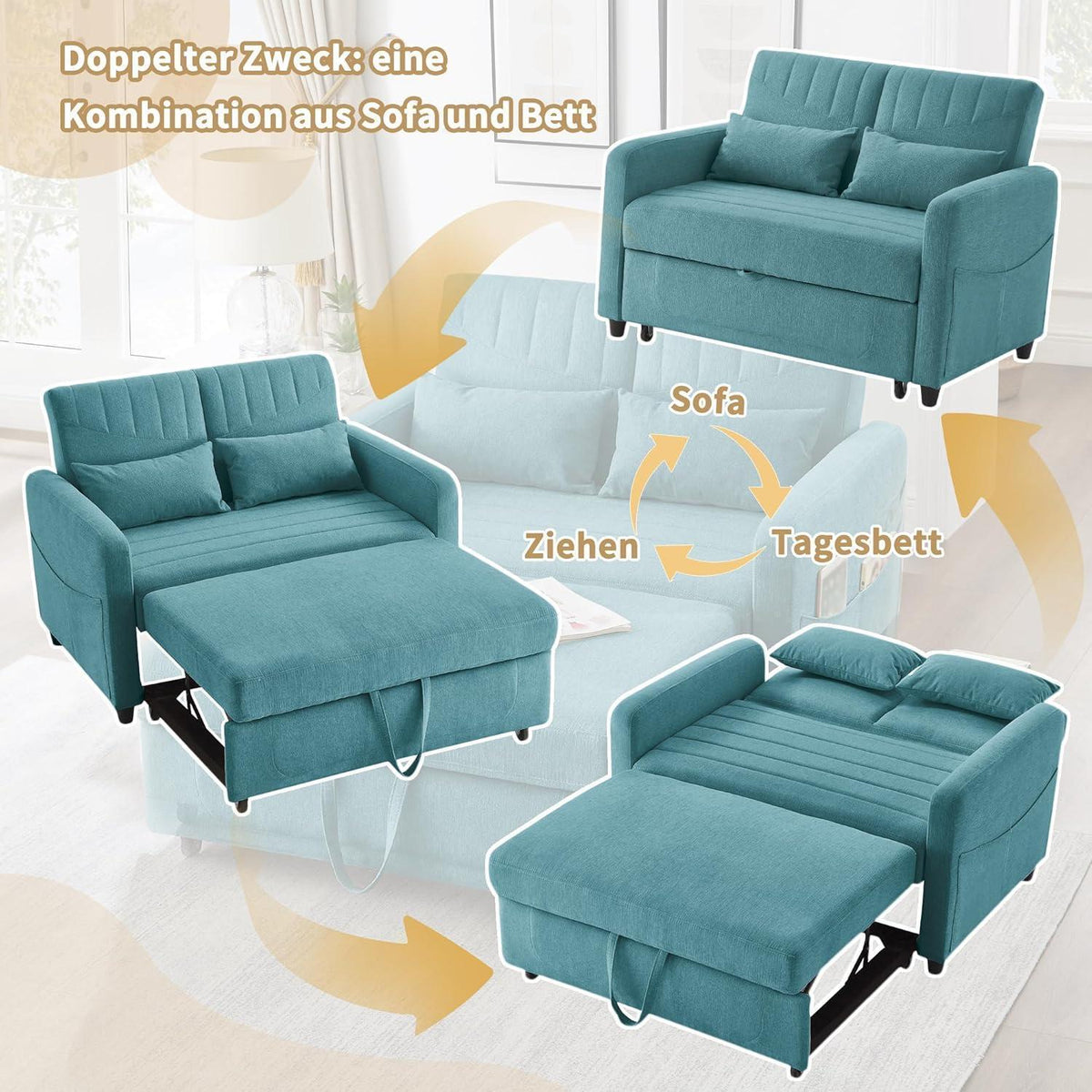 2-Sitzer Klappsofa mit Schlaffunktion & Kissen – Antik Blau-Grün