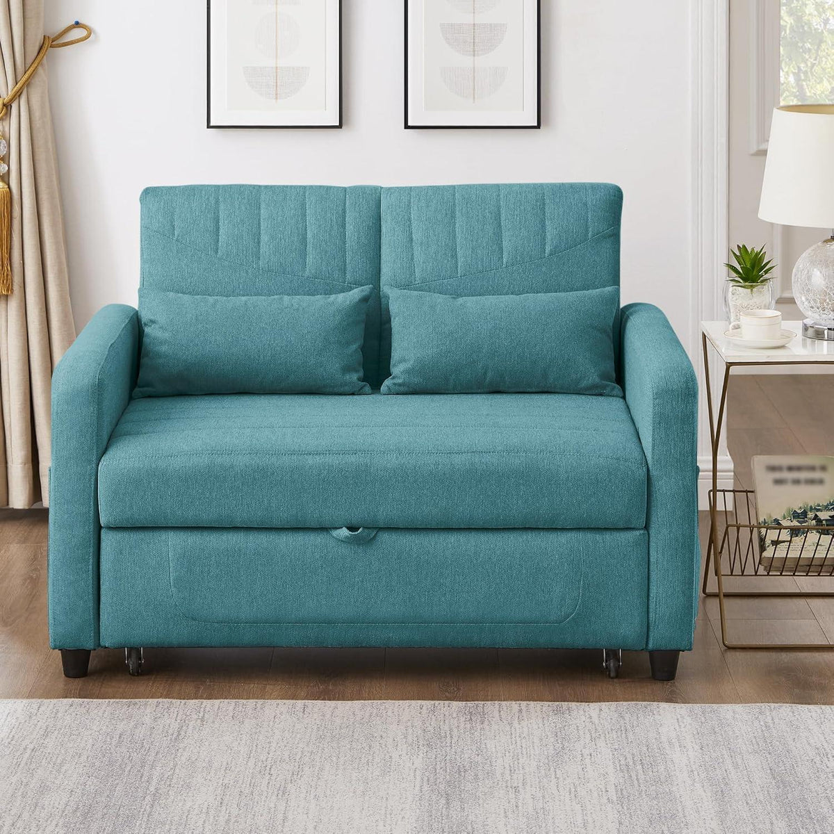 2-Sitzer Klappsofa mit Schlaffunktion & Kissen – Antik Blau-Grün