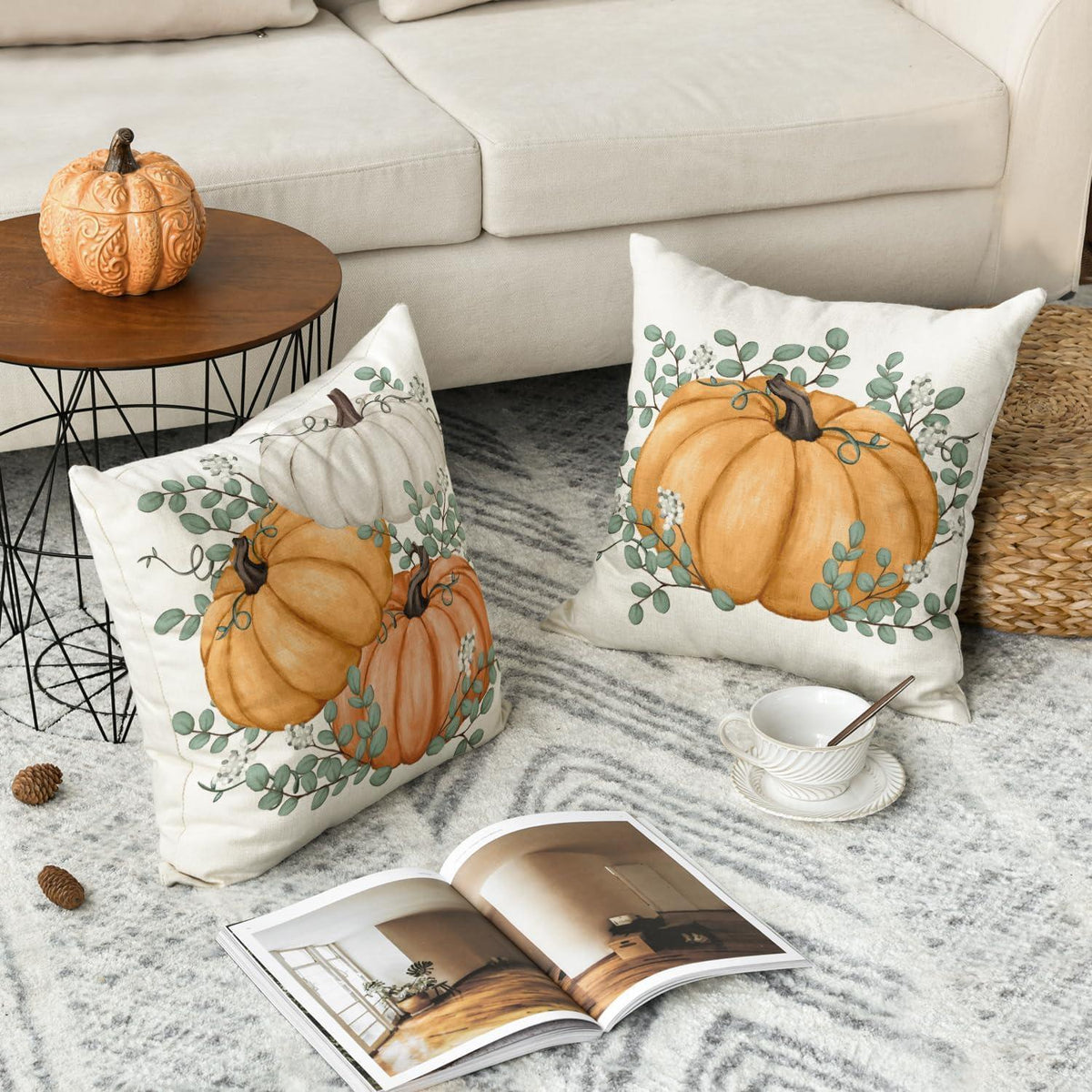 2er Set Herbst Kürbis Kissenbezüge 40x40 cm Orange Polyester