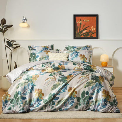 Satin Bettwäsche Set 135x200 cm, Grün, Vintage Pflanzenstil