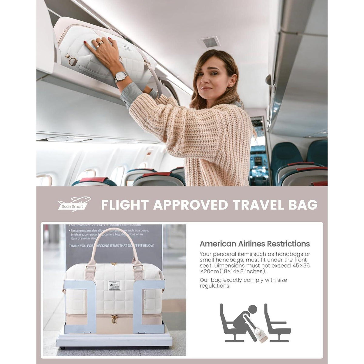 Reisetasche Damen mit Schuhfach & Nassfach, Beige+hellrosa