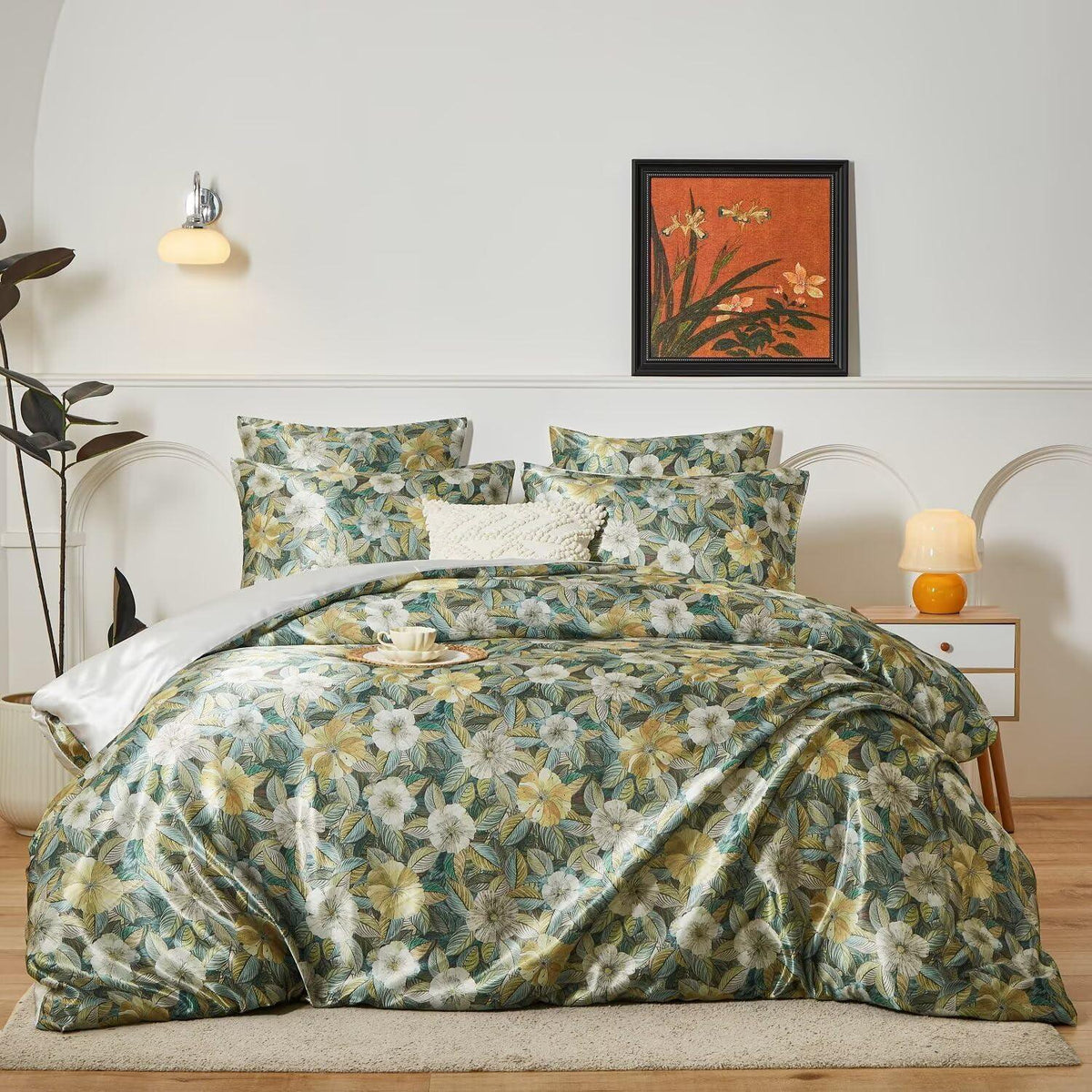 Satin Bettwäsche Set 135x200 cm, 4-teilig, Blumenmuster Grün