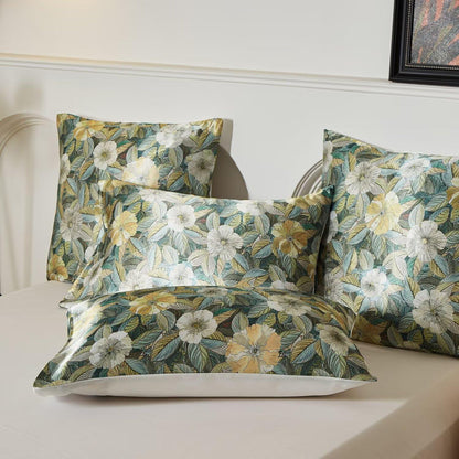 Satin Bettwäsche Set 135x200 cm, 4-teilig, Blumenmuster Grün