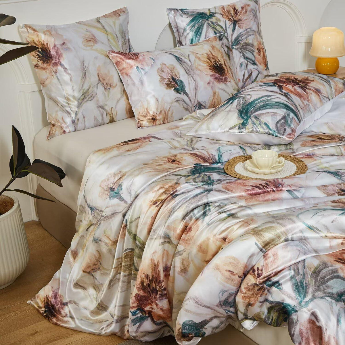 Satin Bettwäsche Set 135x200 cm | Blumenmuster Retro Romantik