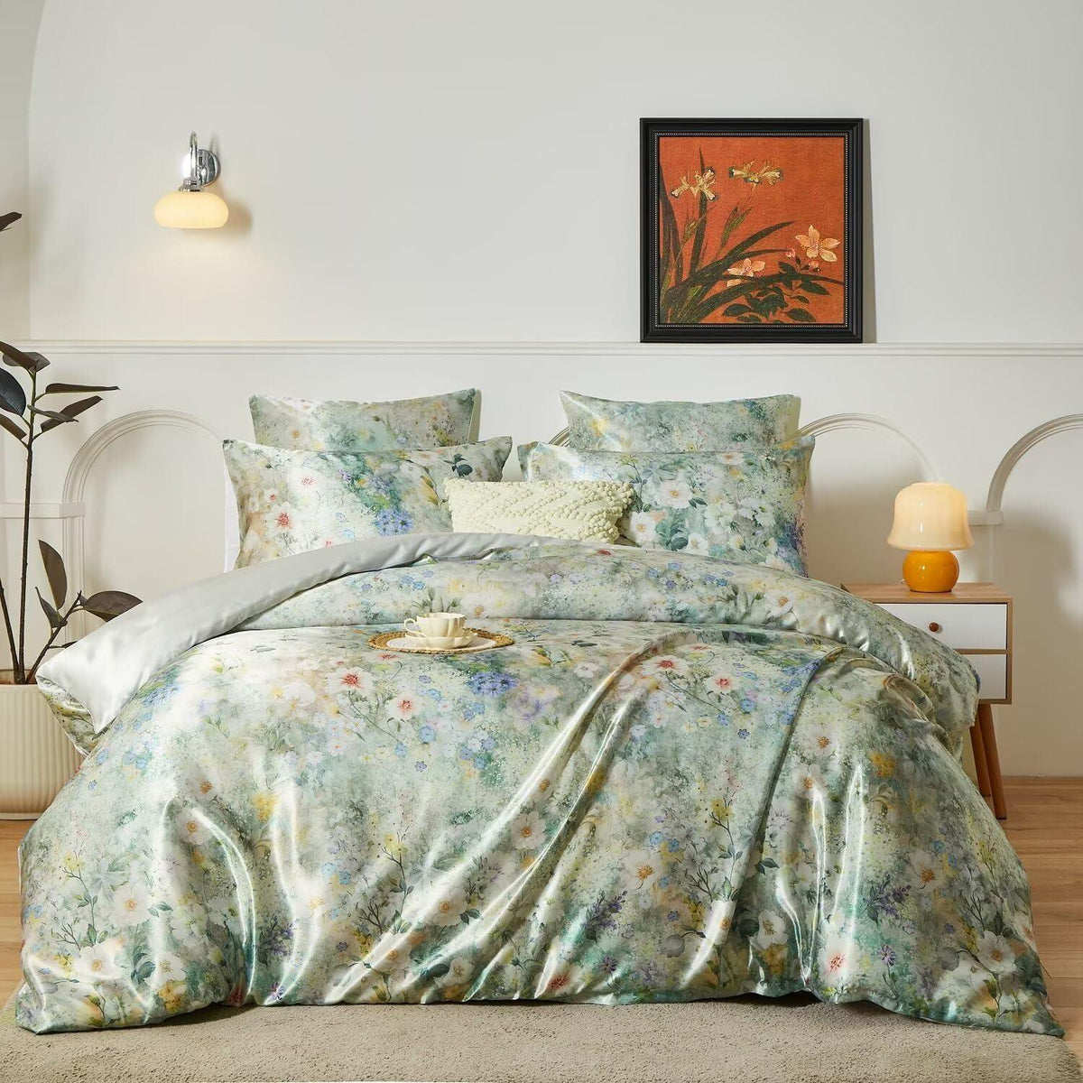 Satin Bettwäsche Set 135x200 cm - Vintage Blumenmuster Grün