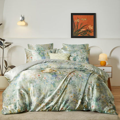 Satin Bettwäsche Set 135x200 cm - Vintage Blumenmuster Grün