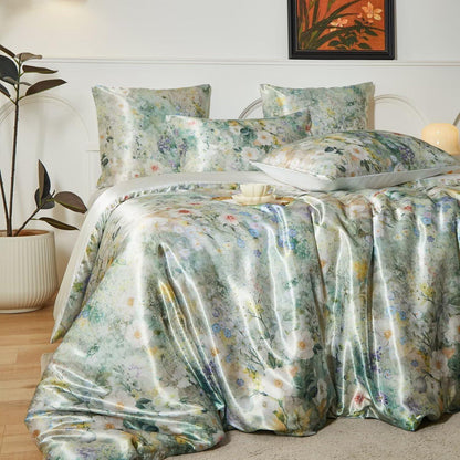 Satin Bettwäsche Set 135x200 cm - Vintage Blumenmuster Grün