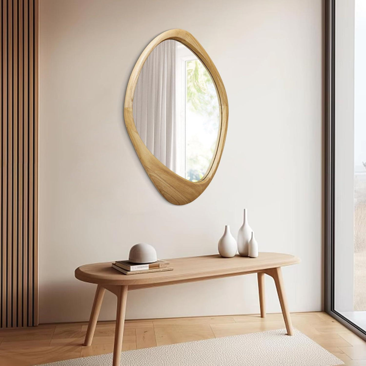 Großer Wandspiegel mit Holzrahmen – 70x50cm, Asymmetrisch