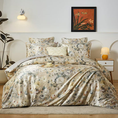 Satin Bettwäsche Set 220x240 cm mit Blumenmuster & 2 Kissenbezüge