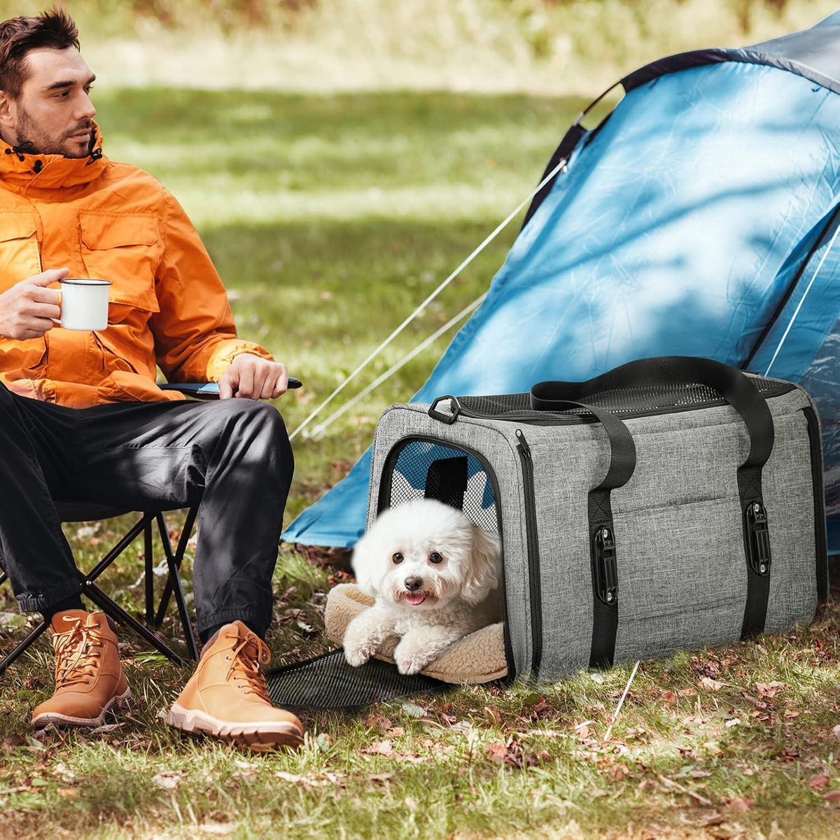 Katzen Transportbox faltbar mit Netz & Kissen – Grau L