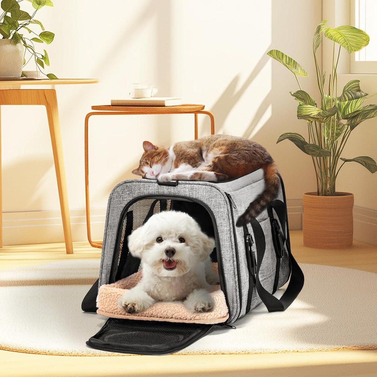 Katzen Transportbox faltbar mit Netz & Kissen – Grau L