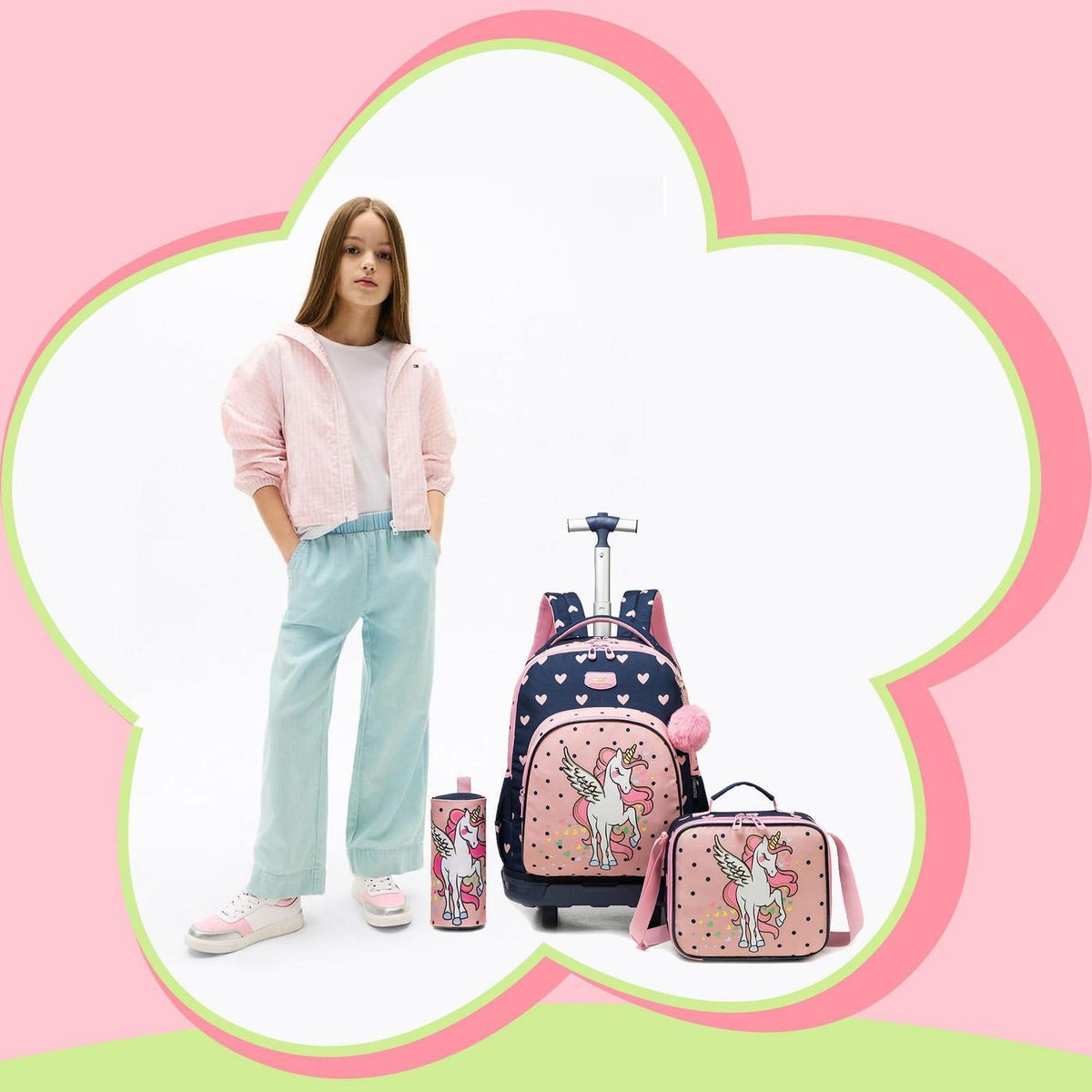 Kinder Trolley Rucksack mit Rollen – Einhorn Design 3-teilig