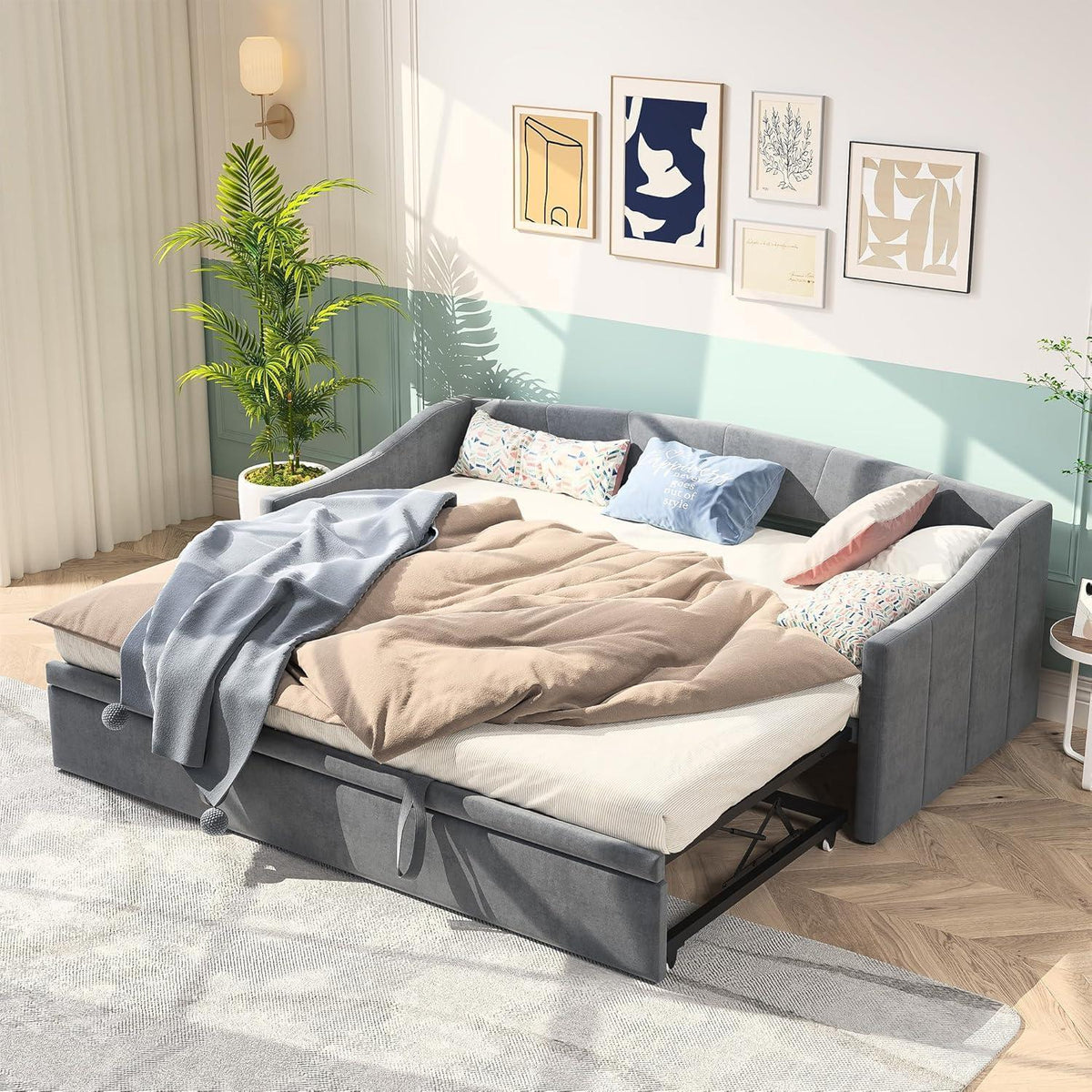 Schlafsofa 90x200cm – Ausziehbar, Samt, Grau