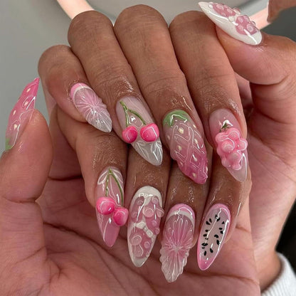 24er Set Frühlings Press on Nägel Mandeln Rosa Lila Nagel Spitzen