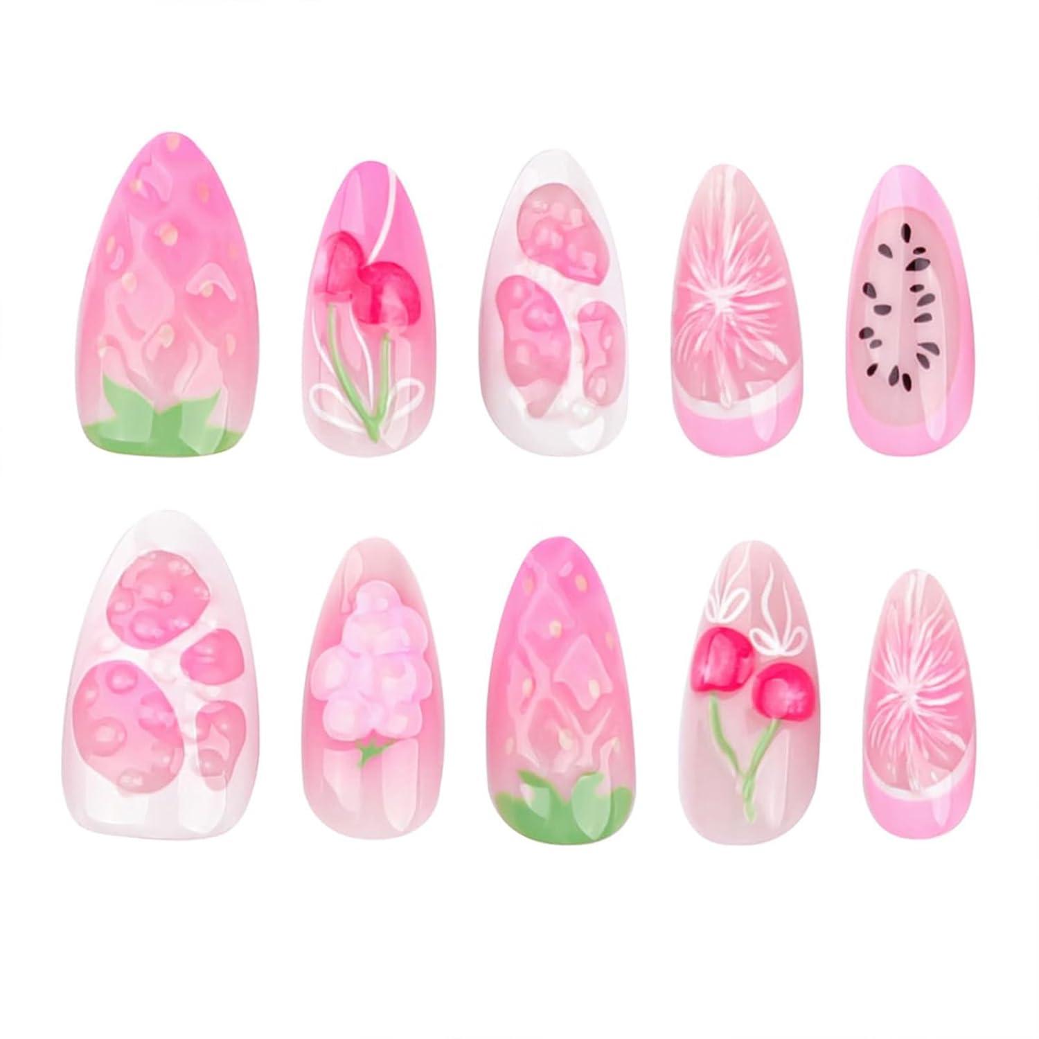 24er Set Frühlings Press on Nägel Mandeln in Rosa und Lila - Acrylnagel Set in Erdbeer, Kirsche und Orange - Nagelkunst Falsche Nägel French Tip
