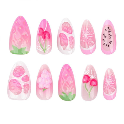 24er Set Frühlings Press on Nägel Mandeln in Rosa und Lila - Acrylnagel Set in Erdbeer, Kirsche und Orange - Nagelkunst Falsche Nägel French Tip