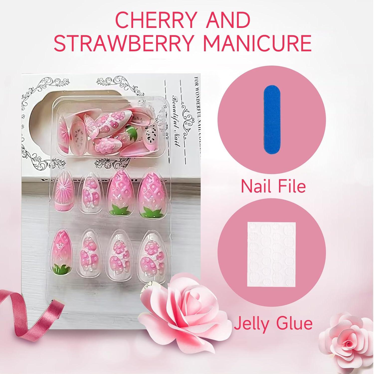 24 Stück Frühlings Mandel Nägel Set Acryl Rosa Lila Erdbeere Orange French Tip