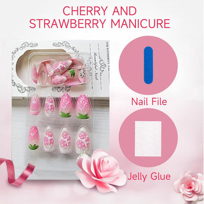 24 Stück Frühlings Mandel Nägel Set Acryl Rosa Lila Erdbeere Orange French Tip