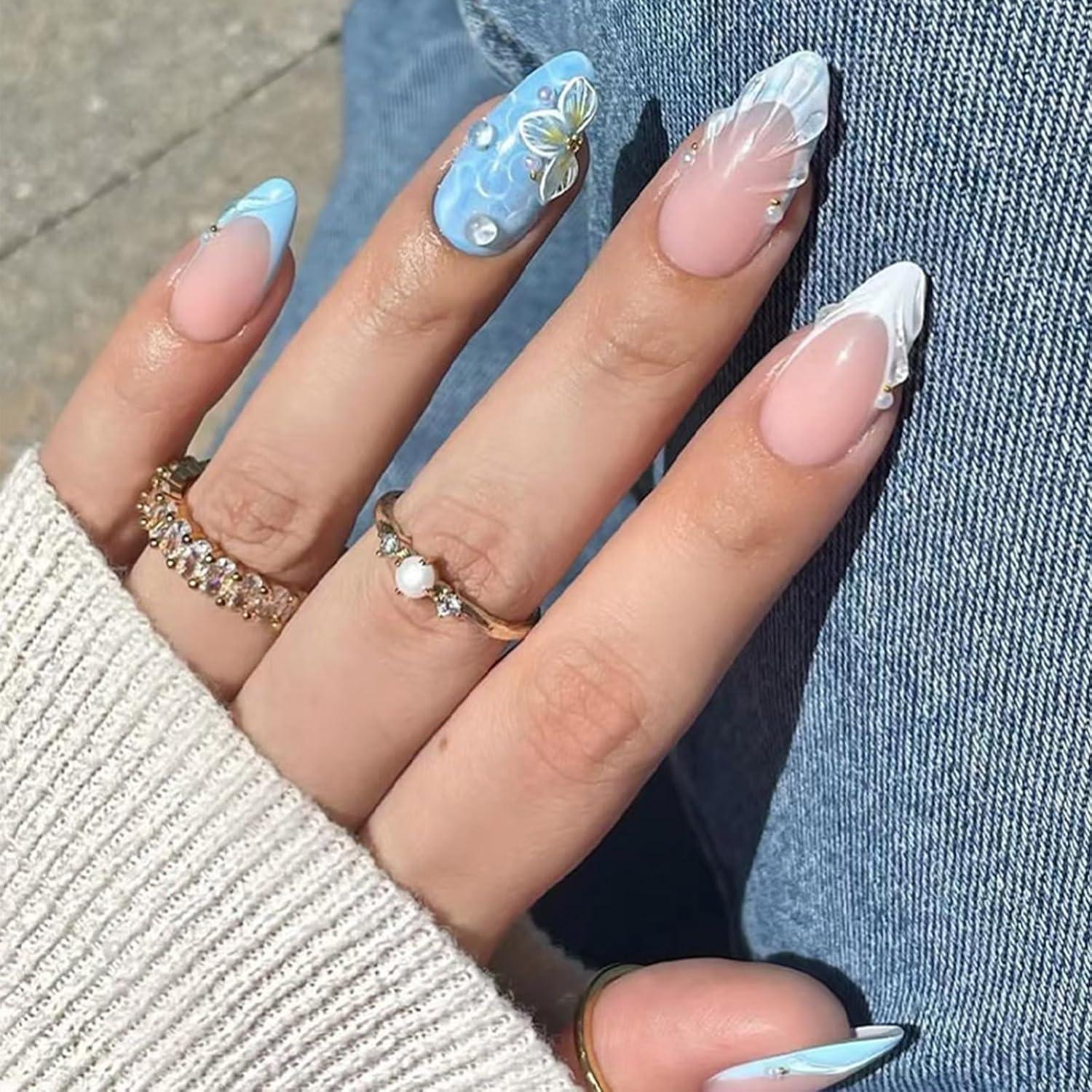 Sommer Strand Press on Nägel 24 Stück 3D Mandel Blau French Tips Gel