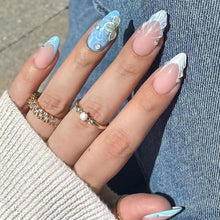 Sommer Strand Press on Nägel 24 Stück 3D Mandel Blau French Tips Gel