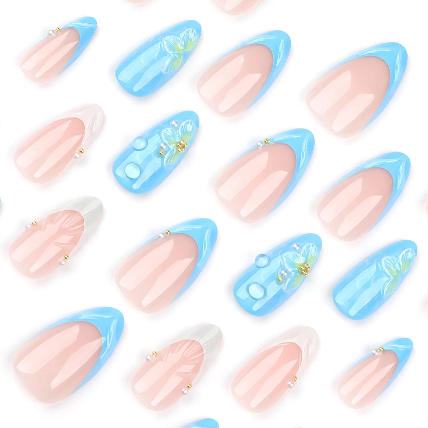Sommer Strand Press on Nägel 24 Stück 3D Mandel Blau French Tips Gel