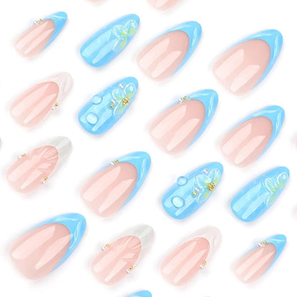 Sommer Strand Press on Nägel 24 Stück 3D Mandel Blau French Tips Gel