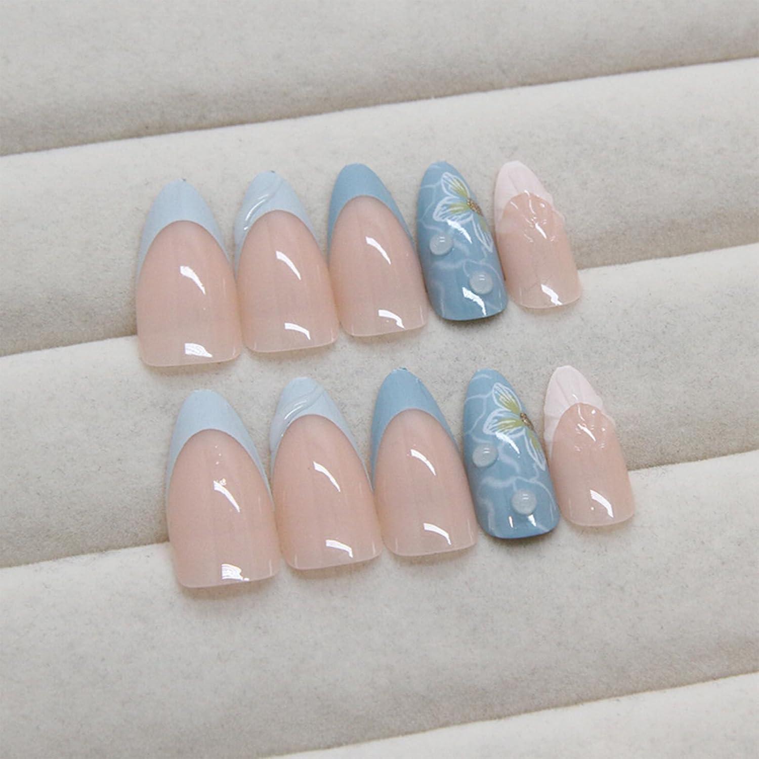 24 Press on Nägel Sommer Strand Stil Akryl Blau French Tips