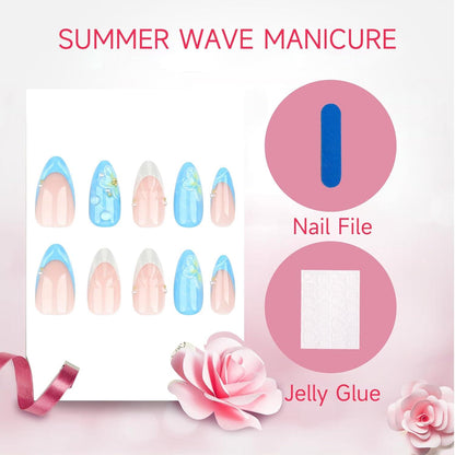 Sommer Strand 3D Press-on Nägel 24 Stück Mandeln Glanzblau French Tips
