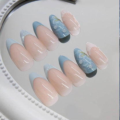 Sommer Strand Press on Nägel 24 Stück Mandel Blau French Tips Gel