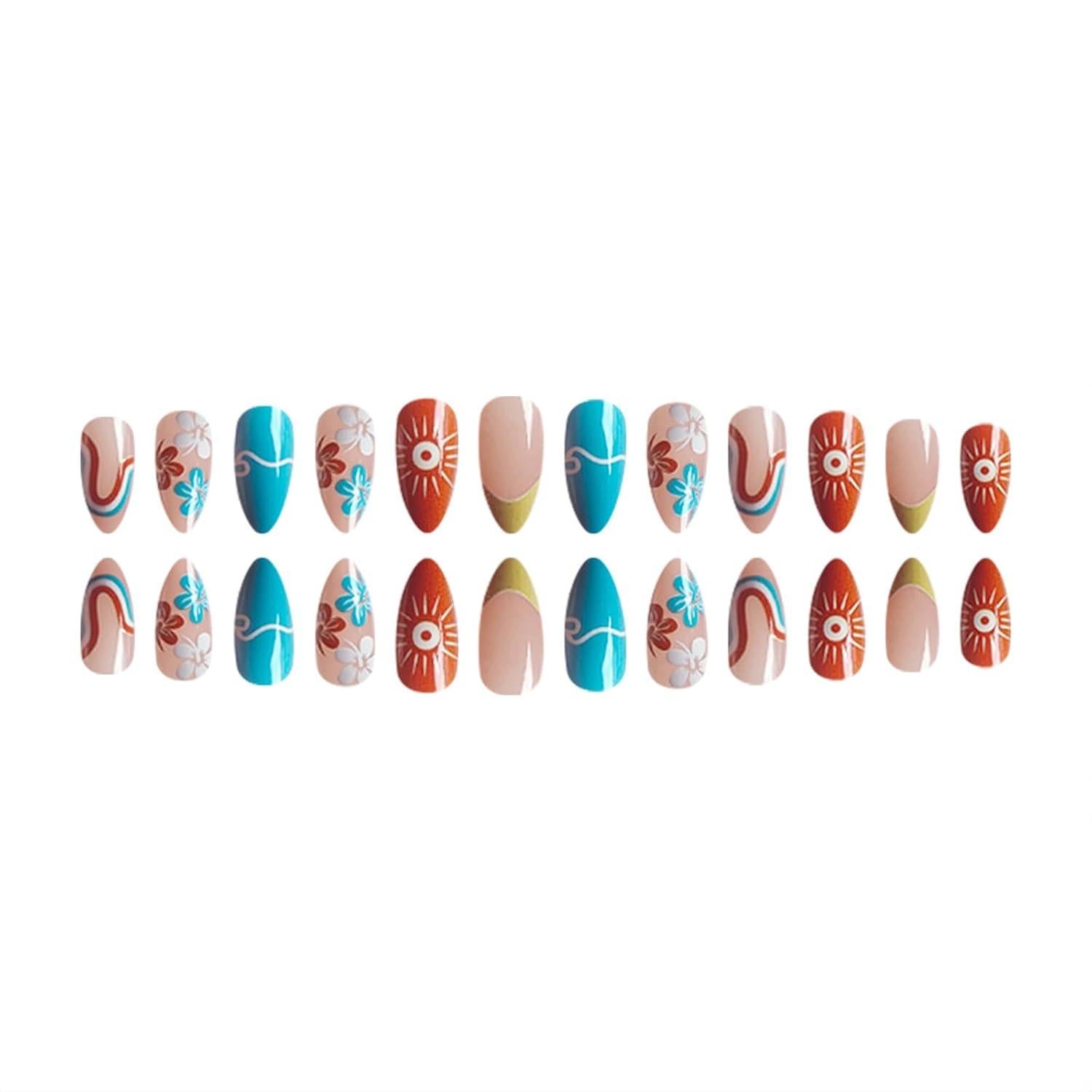 24er Set French Tips Sommer Press on Nails Orange Mandeln Acrylnägel