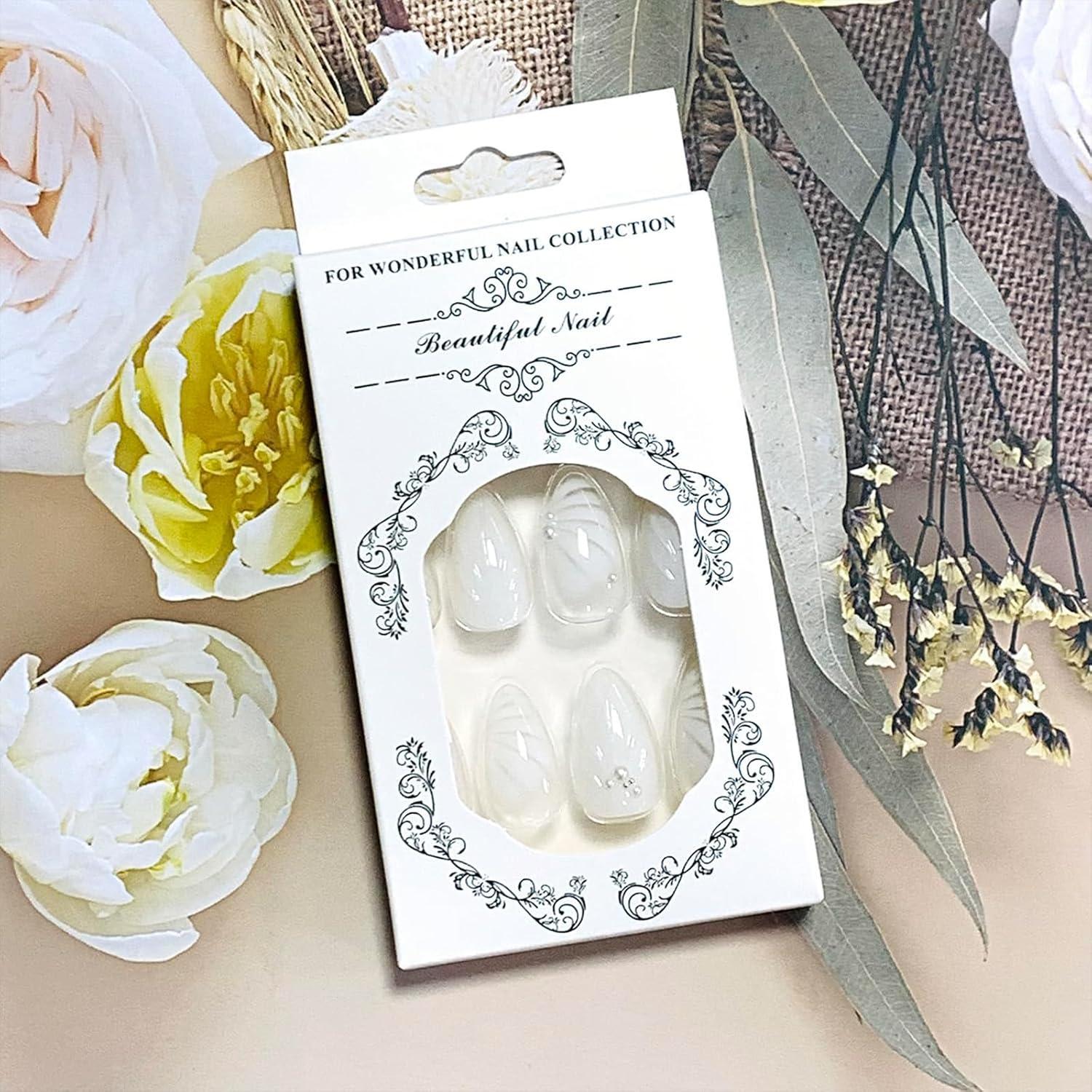 24 Stück Mandelförmige Press on Nails Mittellang Glanz French Falsche