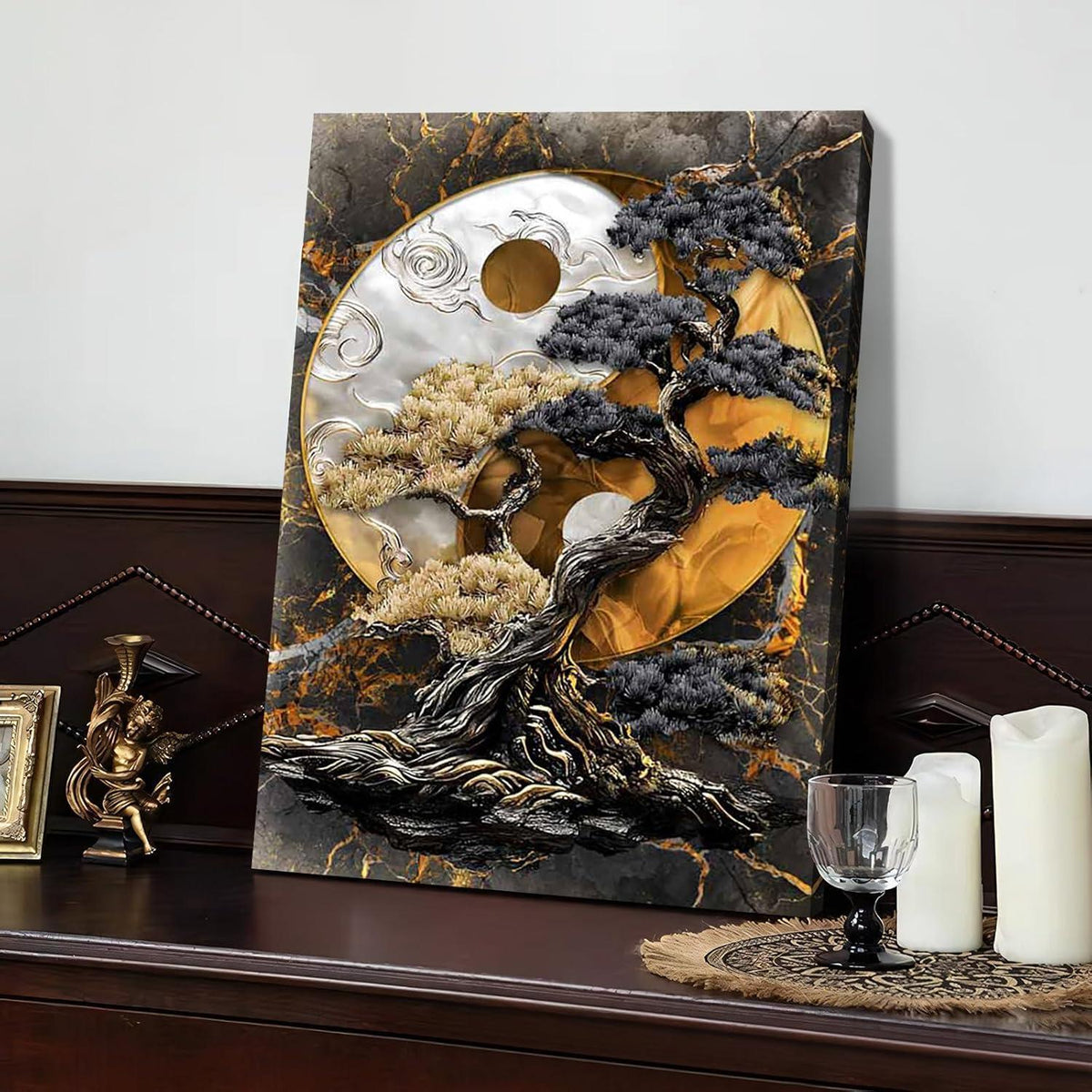Gerahmtes Yin Yang Baum Leinwandbild – Wandkunst für Wohnzimmer