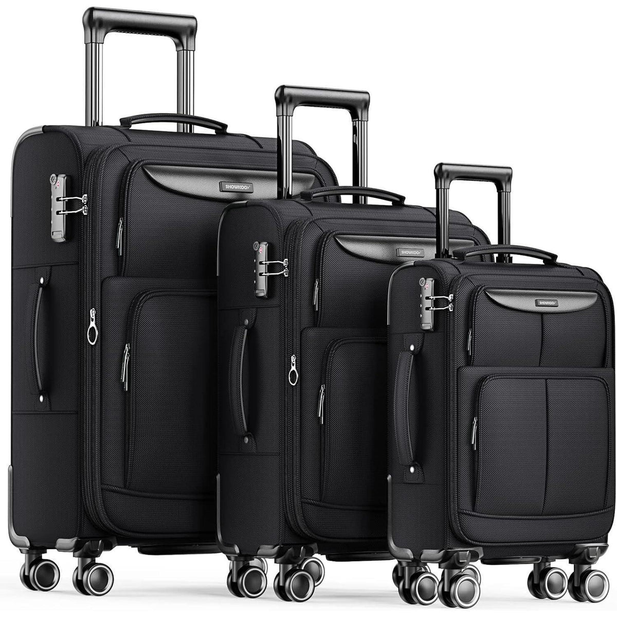 3-teiliges Stoffkoffer-Set mit TSA-Schloss, erweiterbar, 4 Rollen, Schwarz