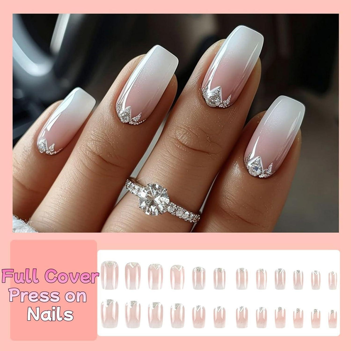 24er Set Falsche Nägel mit Farbverlauf & Diamanten – French Design