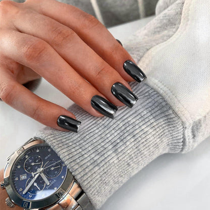 Chrome Press On Nails - Metallic Schwarz, Kurz & Eckig