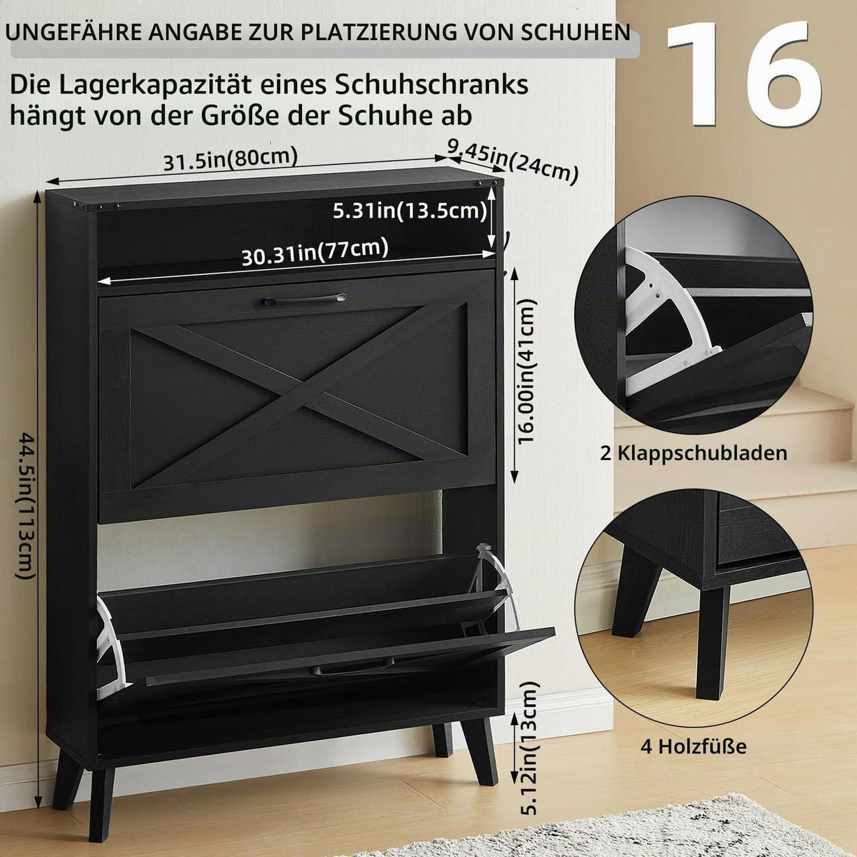 Schmaler Schuhschrank mit 2 Klappen – Schwarz & Platz für 16 Paar