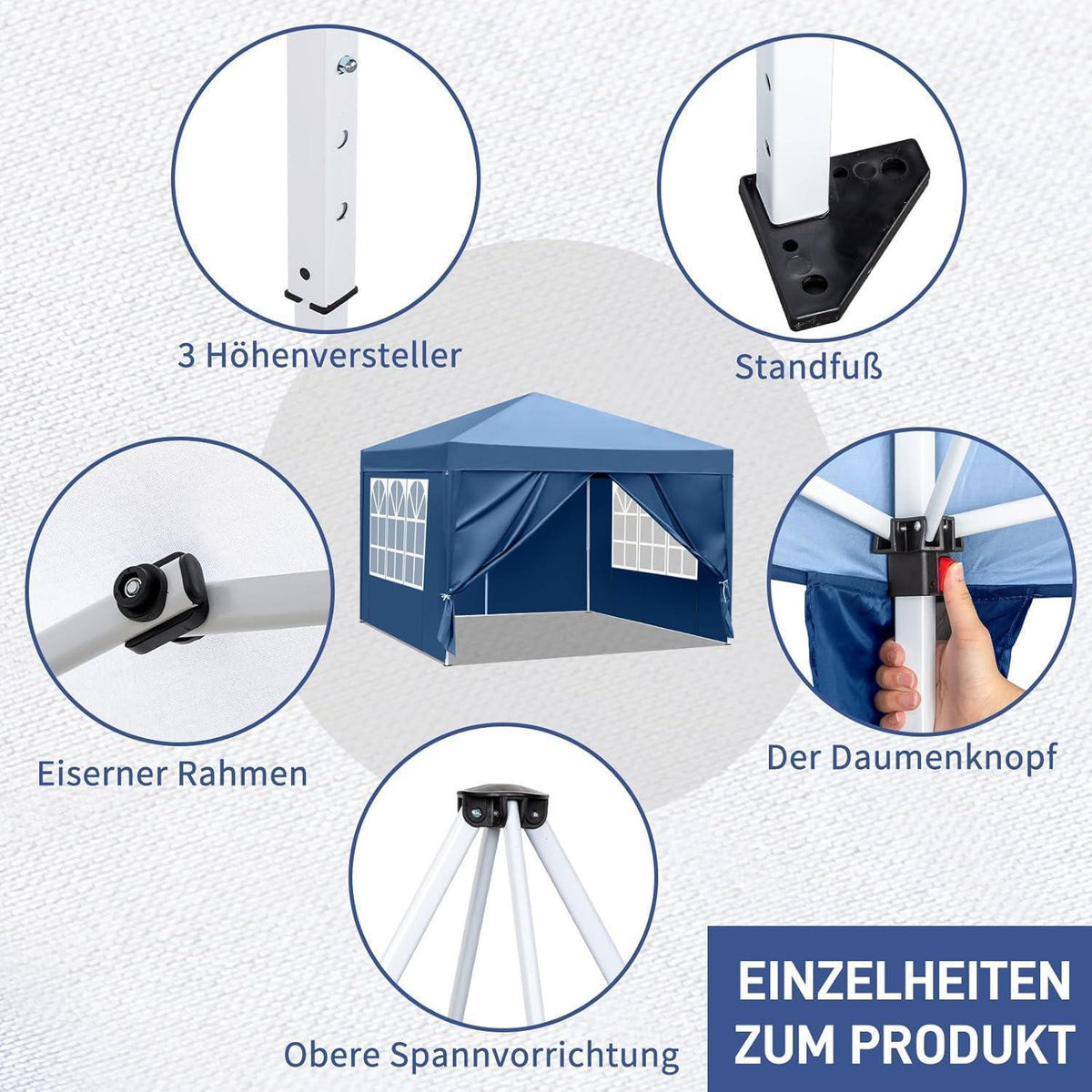 3x3m Faltpavillon Blau mit 4 Seitenteilen – Wasserdicht & Stabil