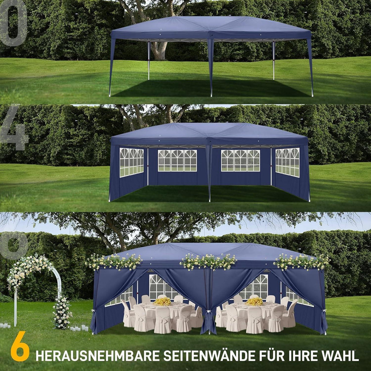 3x6m Faltpavillon Blau mit 6 Seitenteilen – Wasserdicht & Stabil