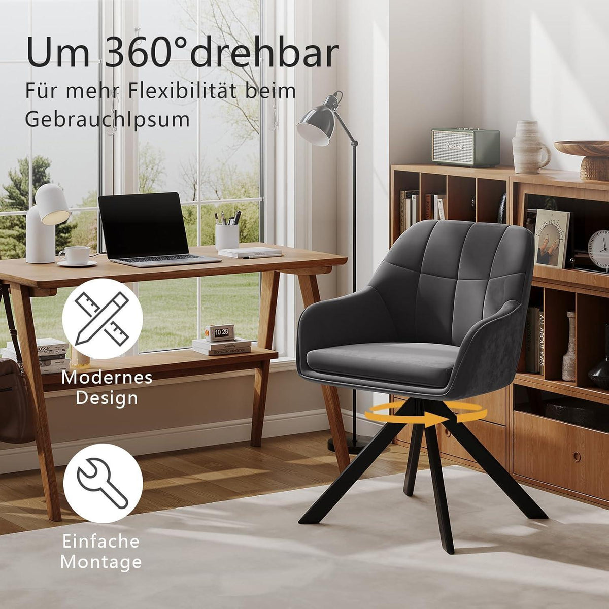 Drehbarer Esszimmerstuhl Set Grau – Samt & Metall, 2er Pack