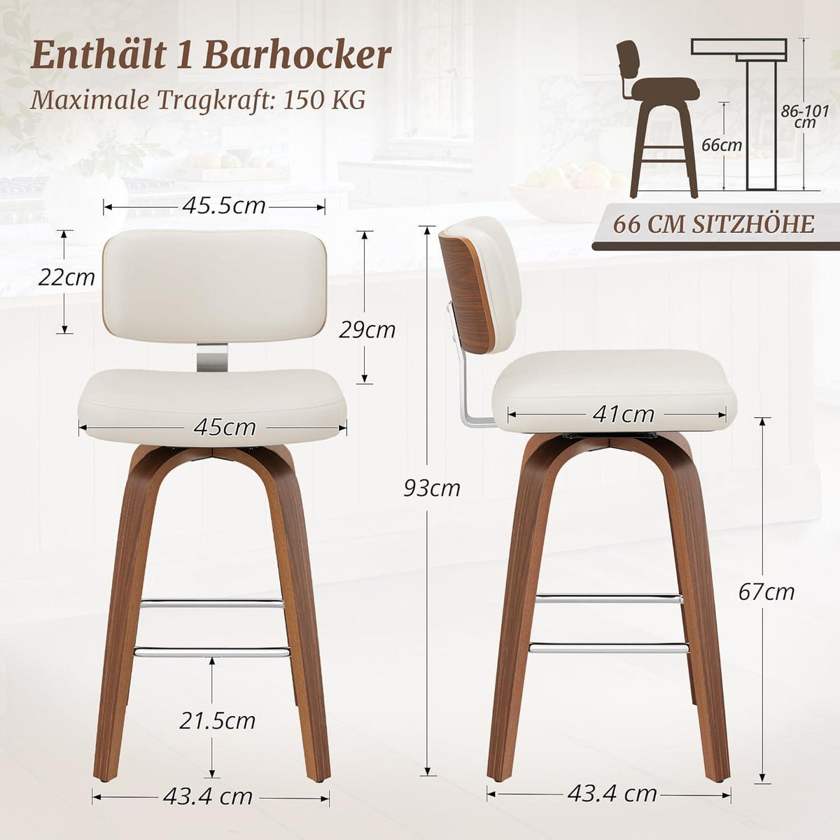 Drehbarer Barhocker mit Lehne – Weiß